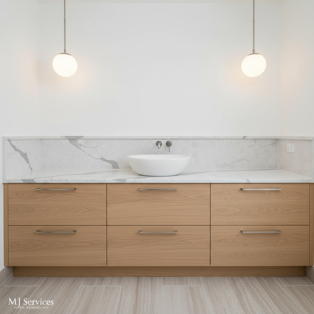 A beautifully remodeled bathroom showcasing a high-gloss, marble-look countertop with a minimalist undermount sink, set against custom-built light oak cabinets with brushed nickel pulls. The environment features neutral stone tile flooring, a crisp white painted wall, and a simple, elegant backsplash with subtle geometric patterns. Warm pendant lighting above the vanity casts soft, even illumination, fostering a serene and clean atmosphere. Shot from an eye-level perspective, the layout is structured and symmetrical, highlighting the careful craftsmanship and attention to detail central to MJ Services Home Remodeling. The overall effect is clean, sophisticated, and entirely professional, consistent with a photographic, corporate visual style.