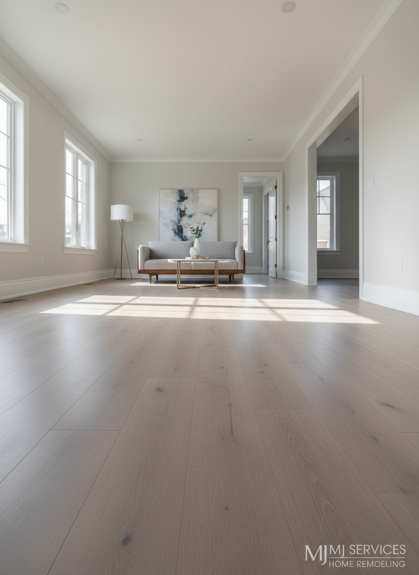 A serene, modern living space highlighting newly installed luxury vinyl floors in neutral taupe, flowing seamlessly beneath elegant baseboards and clean, unadorned walls in a soft off-white finish. The setting is part of a wider open-plan renovation, with glimpses of adjacent spaces visible through broad, unobstructed doorways. Daylight pours in from the side, casting elongated, natural light shadows across the smooth flooring and enhancing the crisp lines of the room. Captured from a low, angled perspective that accentuates the floor’s texture and expanse, the composition is balanced and uncluttered, conveying a calm, freshly-finished ambiance. The mood is clean, peaceful, and professionally polished, with a photographic, modern corporate style that aligns with MJ Services Home Remodeling’s brand.