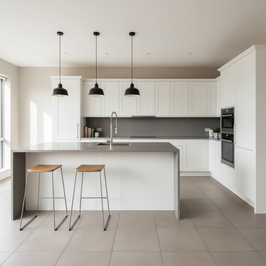 A modern, functional kitchen interior with crisp, clean white custom cabinets paired with sleek grey quartz countertops, accentuated by stainless steel fixtures and subtle, matte-finish hardware. The setting features a spacious, open-plan kitchen framed by neutral-toned porcelain tile flooring and a smooth, freshly painted light beige wall. Soft, natural daylight enters from large, unseen windows, casting delicate highlights on surfaces and creating gentle, structured shadows. The composition is balanced, with a slightly elevated, wide-angle view capturing the broad workspace and emphasizing an organized, clutter-free environment. The mood is calm, inviting, and professionally refined, with photographic realism and a corporate, modern aesthetic to reflect high-quality remodeling expertise.