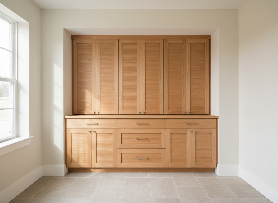 An organized set of custom cabinetry installations arranged in a newly renovated space, featuring soft-close natural wood cabinets with a fine-grain satin finish and discreet brushed metal handles. The cabinets are built into a neutral-toned alcove, flanked by smooth, freshly painted walls and understated tile flooring in grey and beige hues. Abundant diffused daylight from nearby windows gives a bright, airy feel, producing gentle highlights along the cabinet doors and shadow play in the alcove’s recesses. The mood is professional and efficient, with a quiet sense of accomplishment. The composition is centered and uses a deep depth of field, ensuring sharpness from foreground cabinetry details to the background’s clean lines. The artistic style maintains photographic realism with a structured, corporate sensibility.